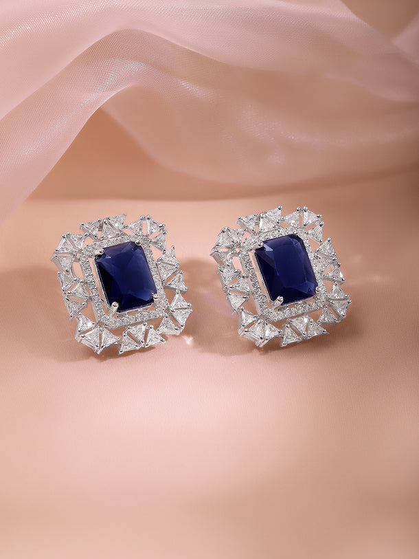 Rhodium Plated Sapphire Royale Sparkle Cluster Studs Earrings