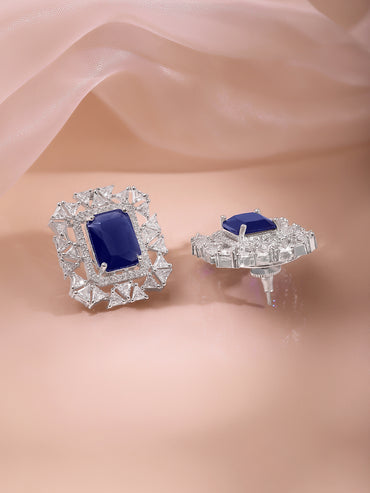 Rhodium Plated Sapphire Royale Sparkle Cluster Studs Earrings