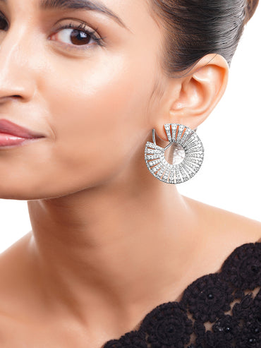 Rhodium Plated American Diamond Zirconia Round Stud Earrings