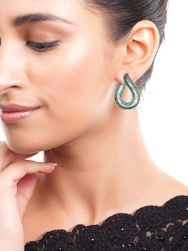 Rhodium Plated Baguette-Cut Green & Silver Stud Earrings