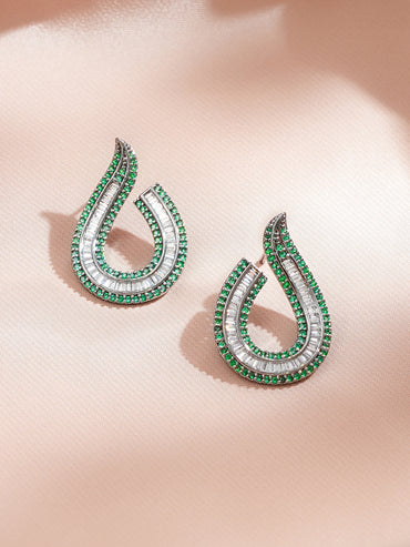 Rhodium Plated Baguette-Cut Green & Silver Stud Earrings