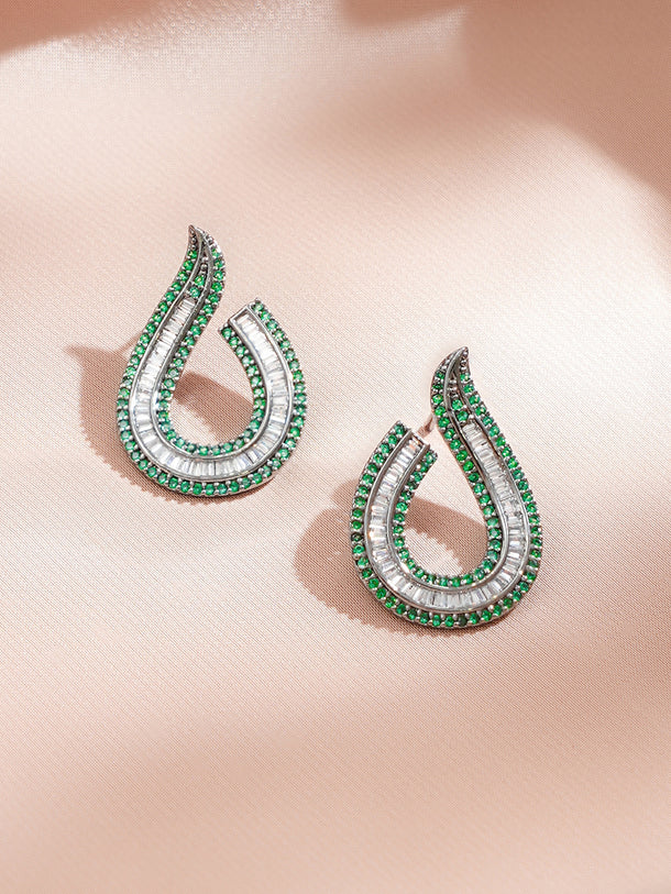 Rhodium Plated Baguette-Cut Green & Silver Stud Earrings
