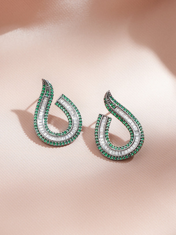 Rhodium Plated Baguette-Cut Green & Silver Stud Earrings