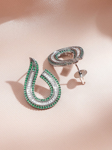 Rhodium Plated Baguette-Cut Green & Silver Stud Earrings