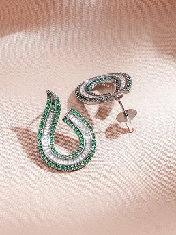 Rhodium Plated Baguette-Cut Green & Silver Stud Earrings
