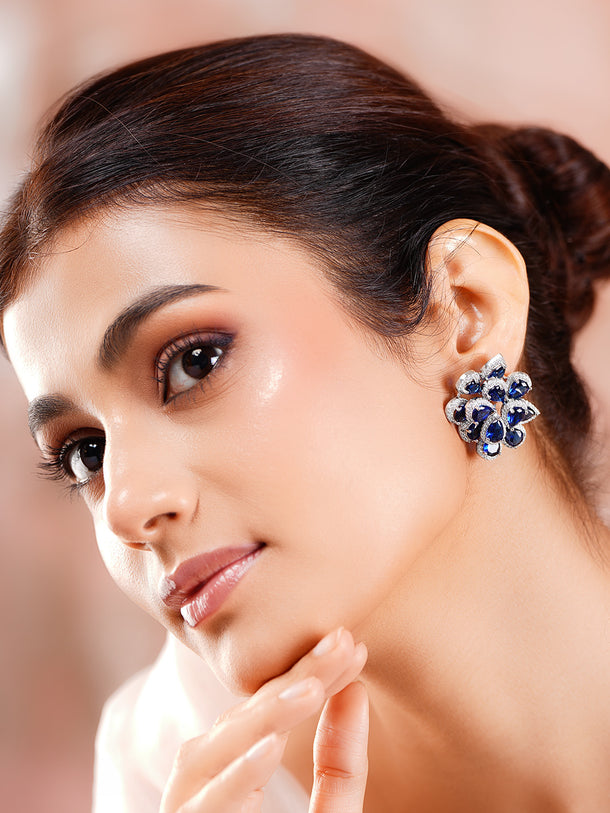 Rhodium Plated Floral American Diamond Zirconia Blue Stud Earrings