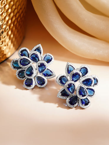 Rhodium Plated Floral American Diamond Zirconia Blue Stud Earrings