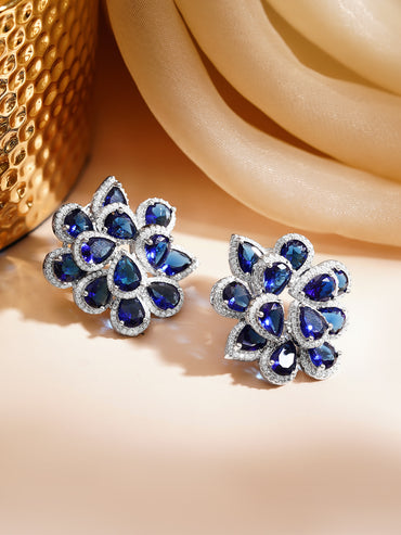Rhodium Plated Floral American Diamond Zirconia Blue Stud Earrings