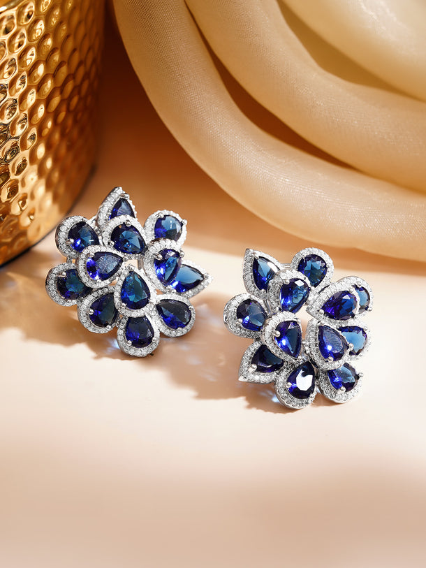 Rhodium Plated Floral American Diamond Zirconia Blue Stud Earrings