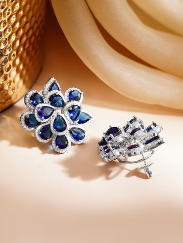 Rhodium Plated Floral American Diamond Zirconia Blue Stud Earrings