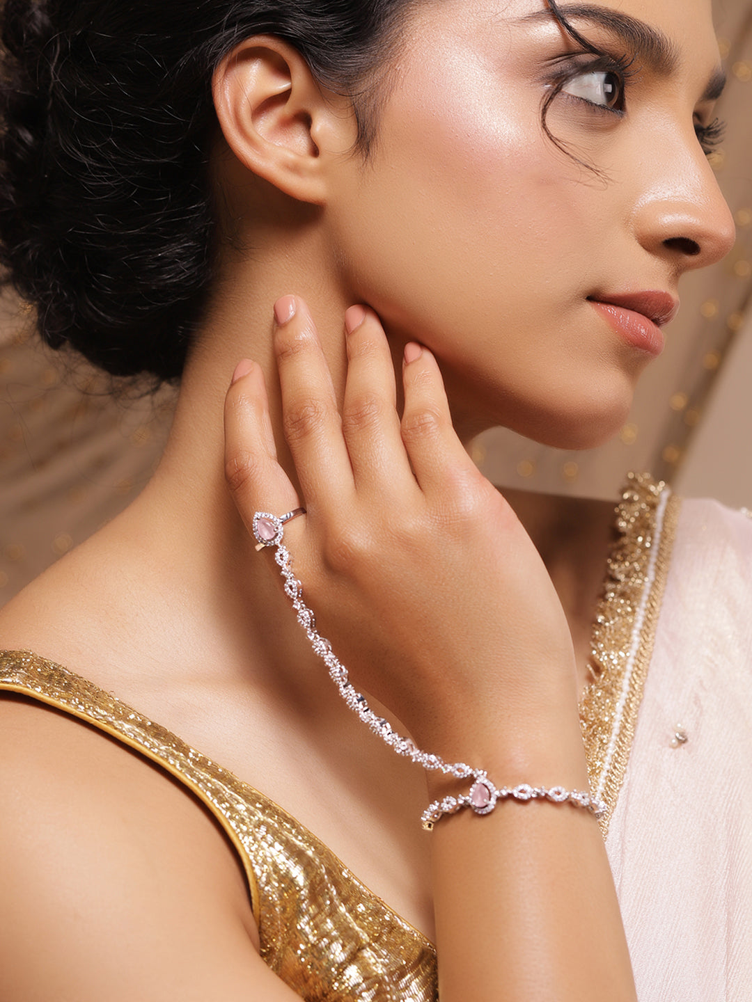 Rubans Rhodium-Plated Pastel Pink & CubicZirconia Teardrop Hand Harness Bracelet with Ring