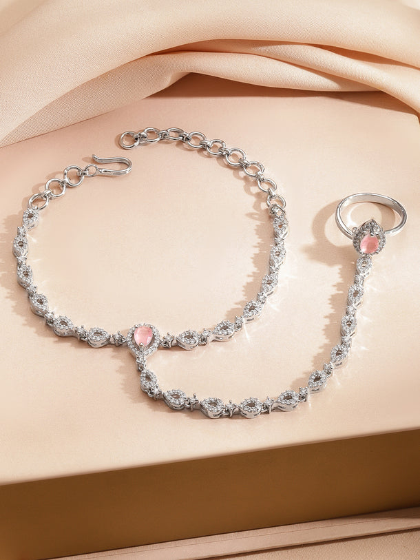 Rubans Rhodium-Plated Pastel Pink & CubicZirconia Teardrop Hand Harness Bracelet with Ring