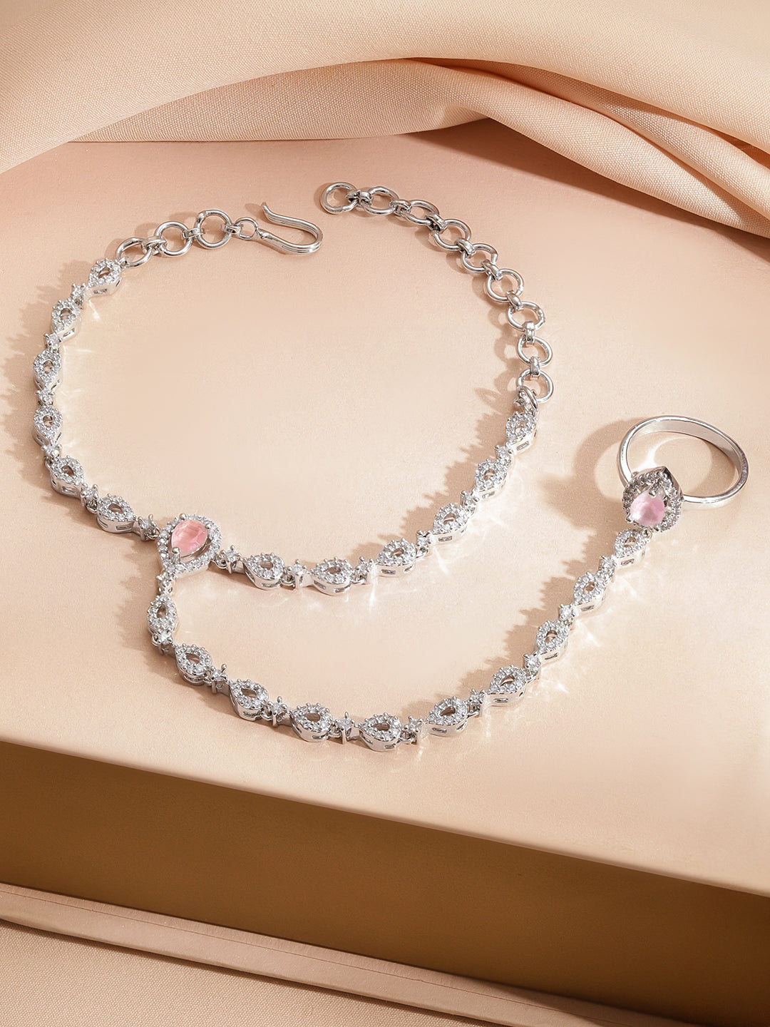 Rubans Rhodium-Plated Pastel Pink & CubicZirconia Teardrop Hand Harness Bracelet with Ring