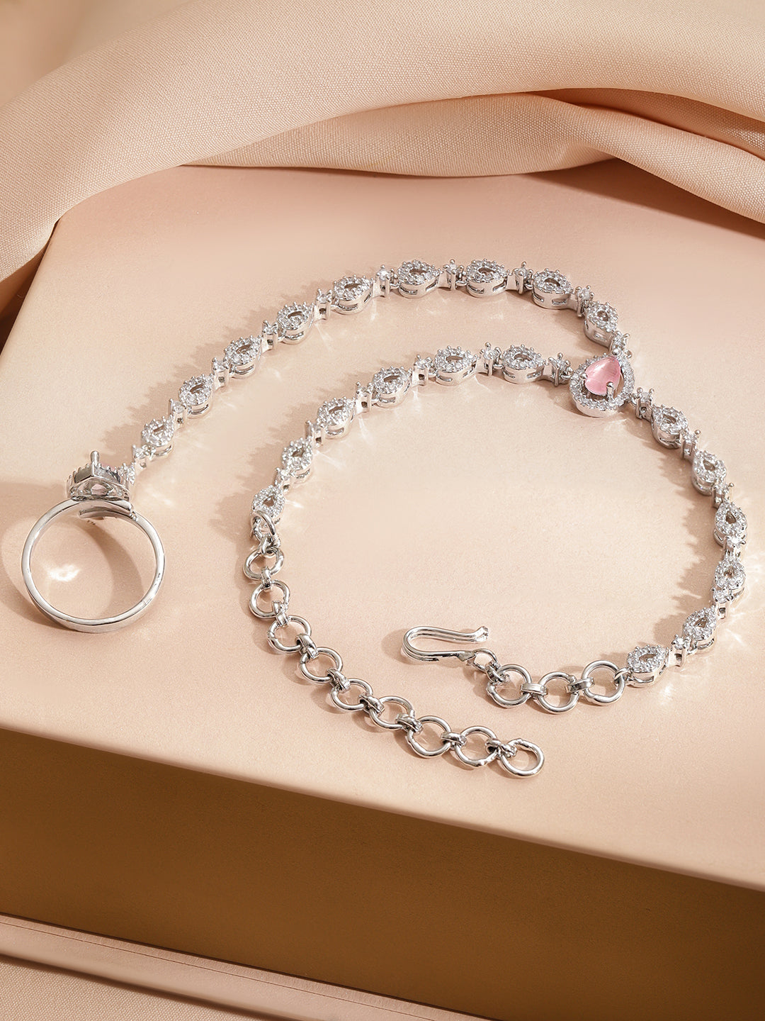 Rubans Rhodium-Plated Pastel Pink & CubicZirconia Teardrop Hand Harness Bracelet with Ring
