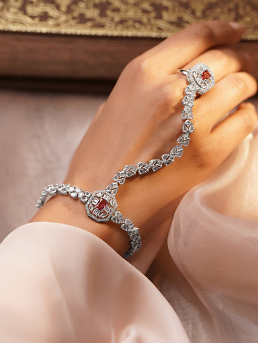 Luxe Silver Ruby Glow Hand Harness Bracelet