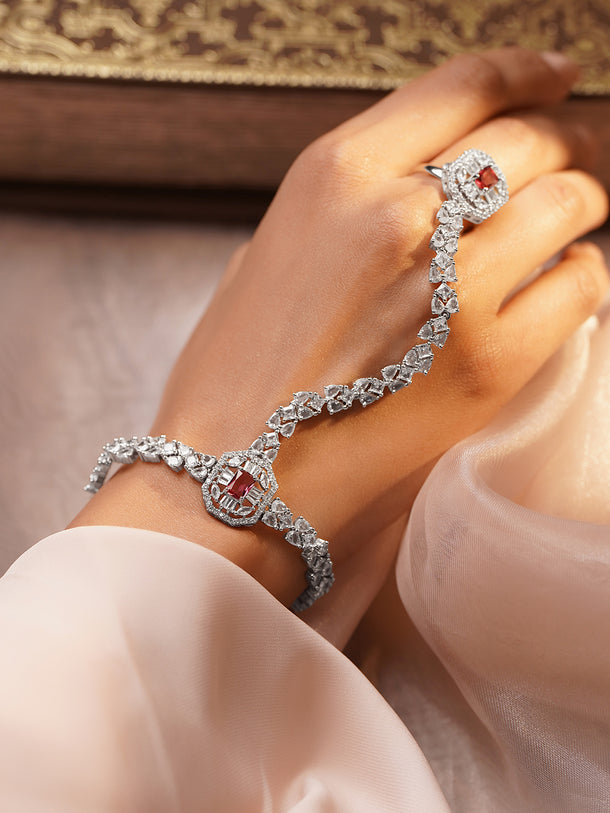 Luxe Silver Ruby Glow Hand Harness Bracelet