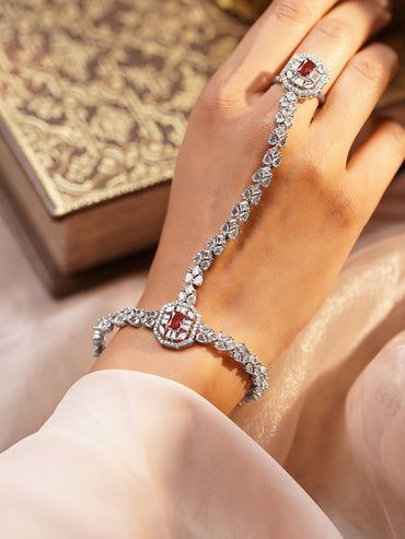Luxe Silver Ruby Glow Hand Harness Bracelet