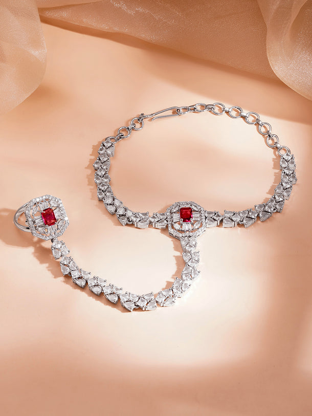 Luxe Silver Ruby Glow Hand Harness Bracelet