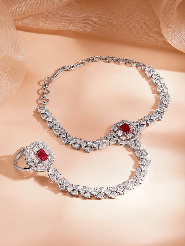 Luxe Silver Ruby Glow Hand Harness Bracelet