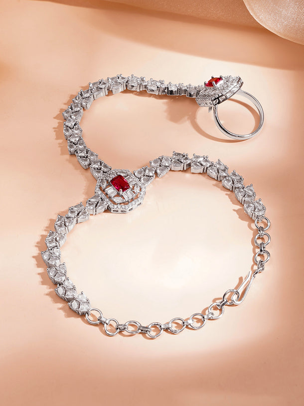 Luxe Silver Ruby Glow Hand Harness Bracelet