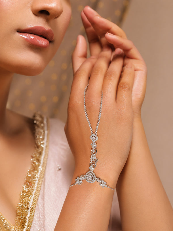 Rhodium Plated American Diamond Zirconia Hathphool