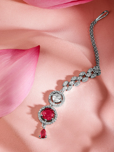 Rubans Rhodium Plated Red & White Cubic Zirconia Maang Tikka