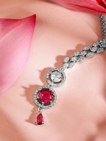 Rubans Rhodium Plated Red & White Cubic Zirconia Maang Tikka