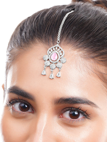 Rhodium Plated Pink Accent American Diamond Zirconia Maang Tikka