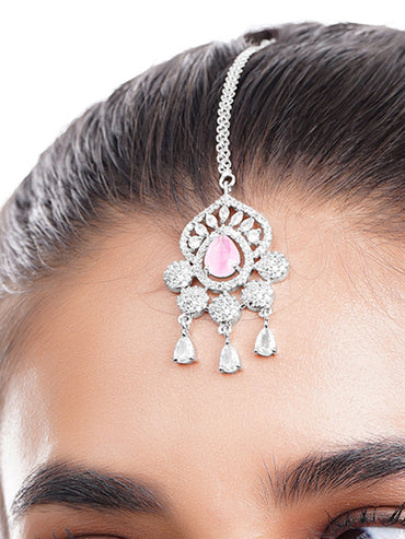 Rhodium Plated Pink Accent American Diamond Zirconia Maang Tikka