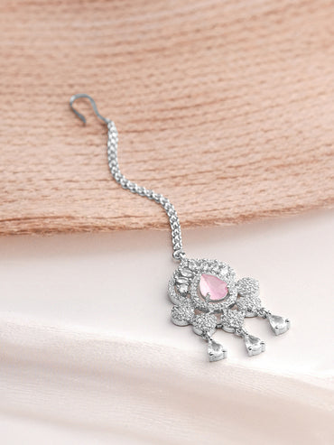 Rhodium Plated Pink Accent American Diamond Zirconia Maang Tikka