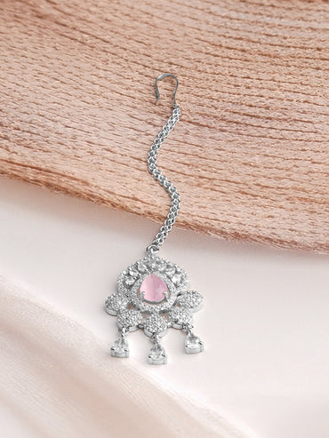 Rhodium Plated Pink Accent American Diamond Zirconia Maang Tikka