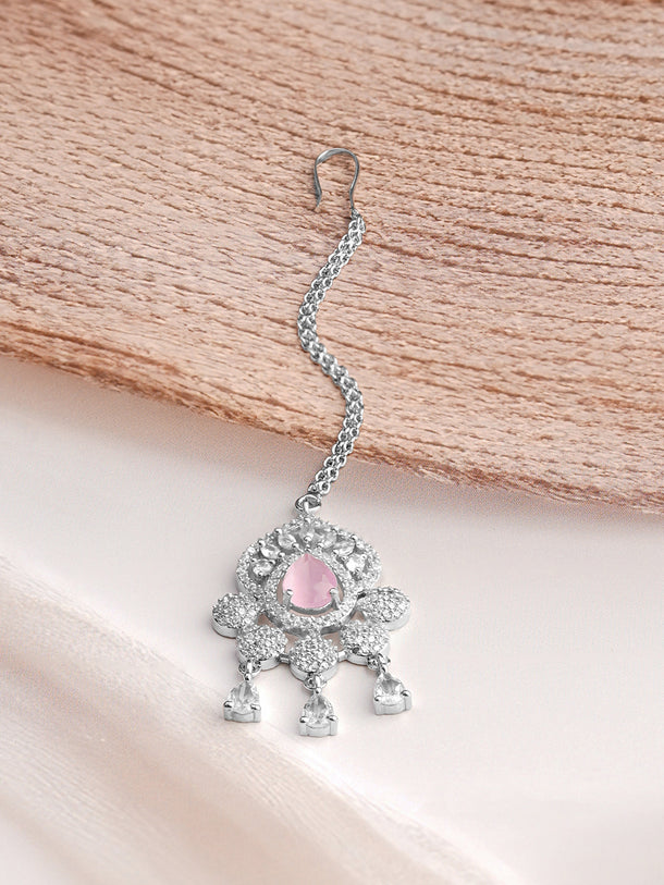 Rhodium Plated Pink Accent American Diamond Zirconia Maang Tikka