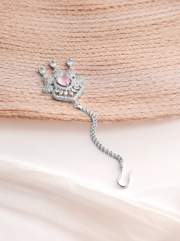 Rhodium Plated Pink Accent American Diamond Zirconia Maang Tikka