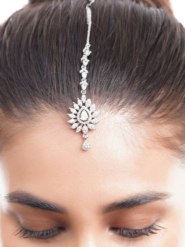 Rhodium Plated Floral Design American Diamond Zirconia Maang Tikka
