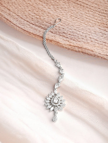 Rhodium Plated Floral Design American Diamond Zirconia Maang Tikka
