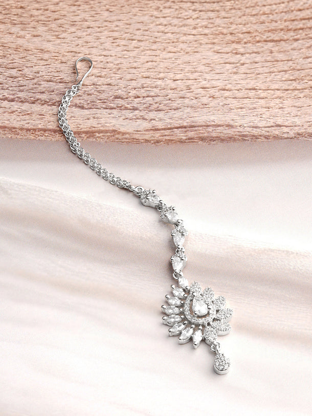 Rhodium Plated Floral Design American Diamond Zirconia Maang Tikka