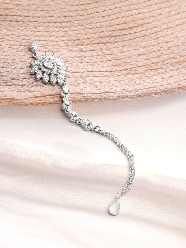 Rhodium Plated Floral Design American Diamond Zirconia Maang Tikka