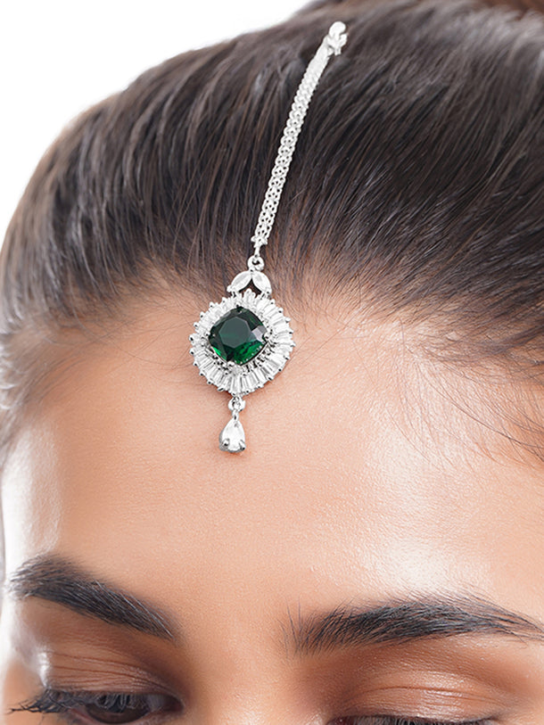 Rhodium Plated American Diamond Zirconia Emerald Maang Tikka