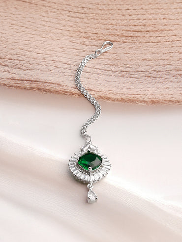 Rhodium Plated American Diamond Zirconia Emerald Maang Tikka
