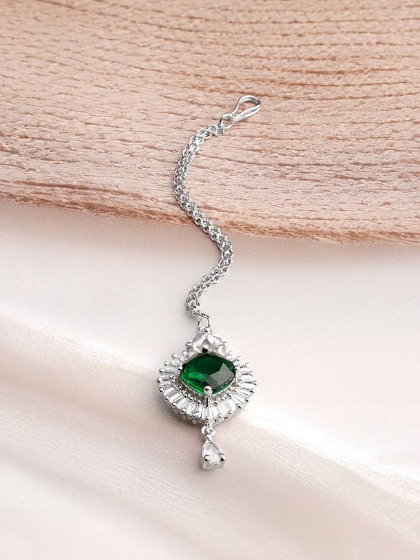 Rhodium Plated American Diamond Zirconia Emerald Maang Tikka