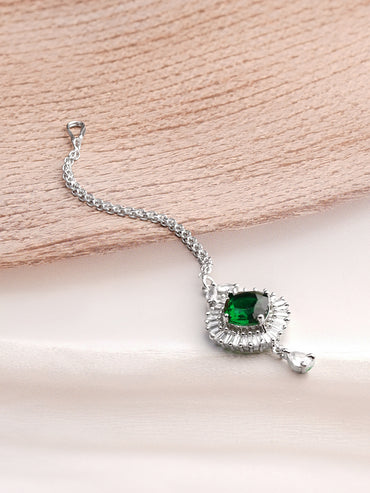 Rhodium Plated American Diamond Zirconia Emerald Maang Tikka
