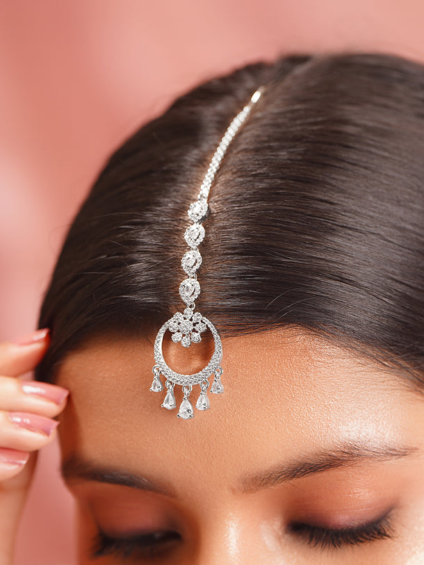 Rhdium Plated Moonlit Crystal Chandbali Maangtikka