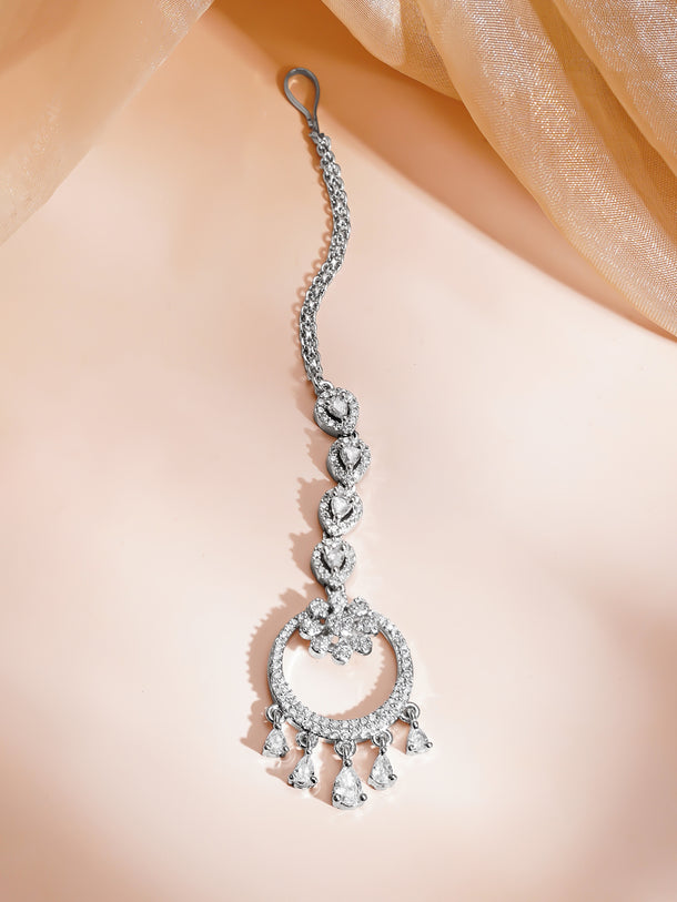Rhdium Plated Moonlit Crystal Chandbali Maangtikka