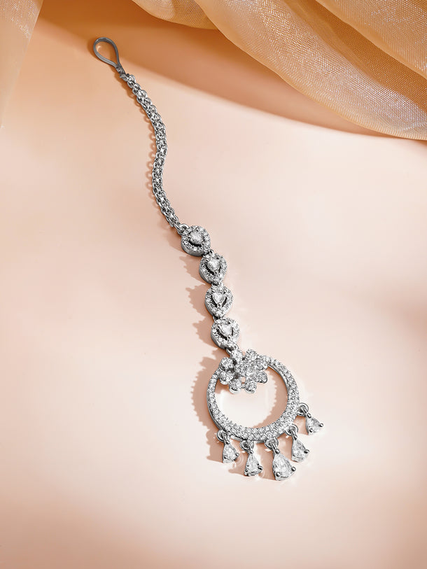 Rhdium Plated Moonlit Crystal Chandbali Maangtikka