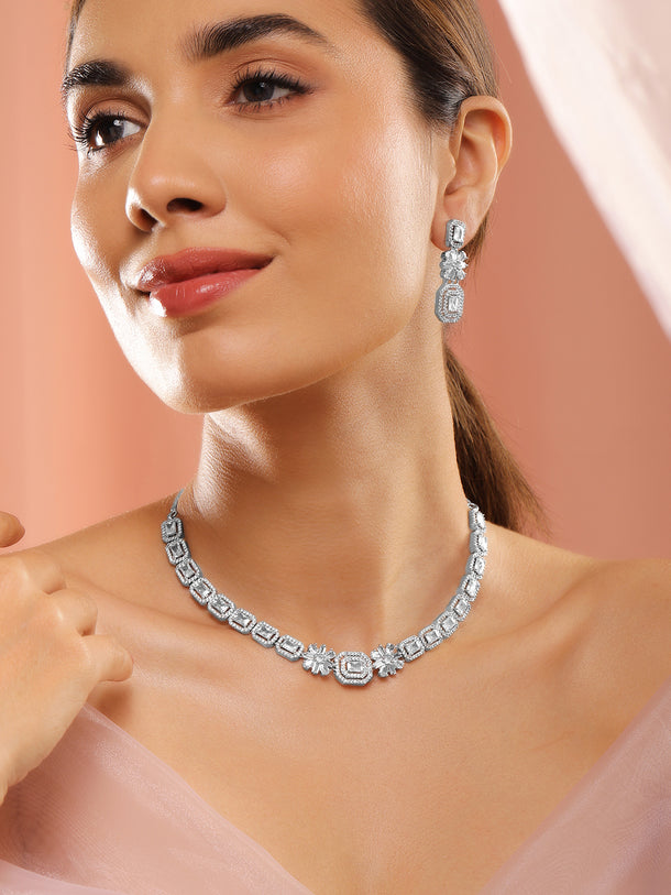 Rubans Rhodium Plated White Cubic Zirconia Stone Studded Floral Classic Jewellery Set