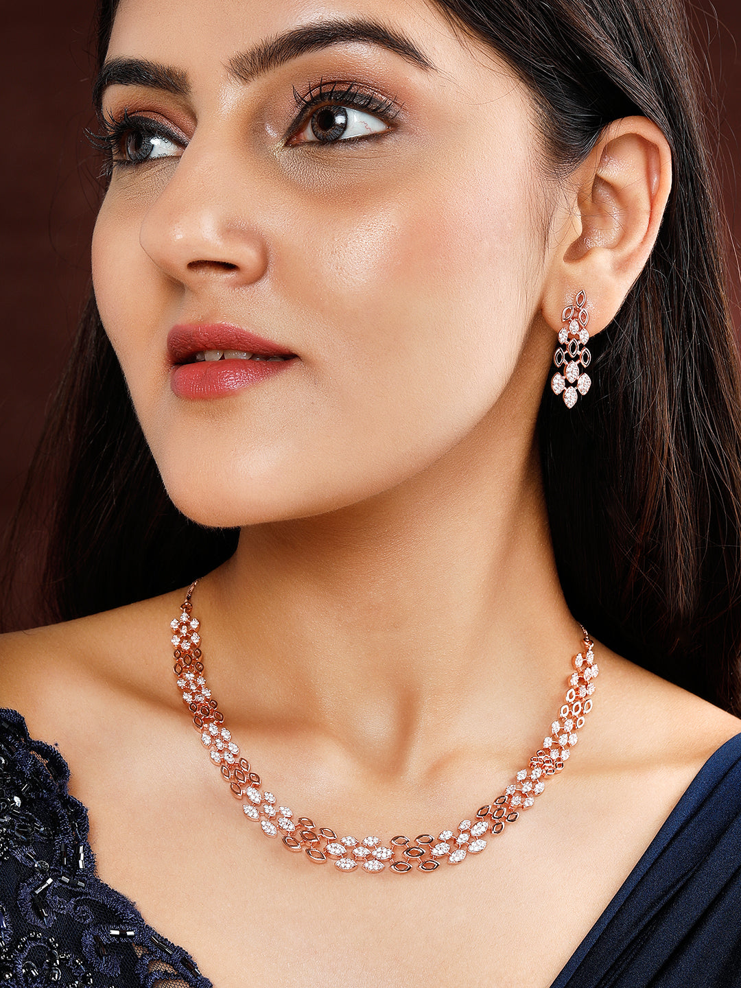 Rubans Rose Gold Plated Zirconia Stone Studded Handcrafted Necklace Set.