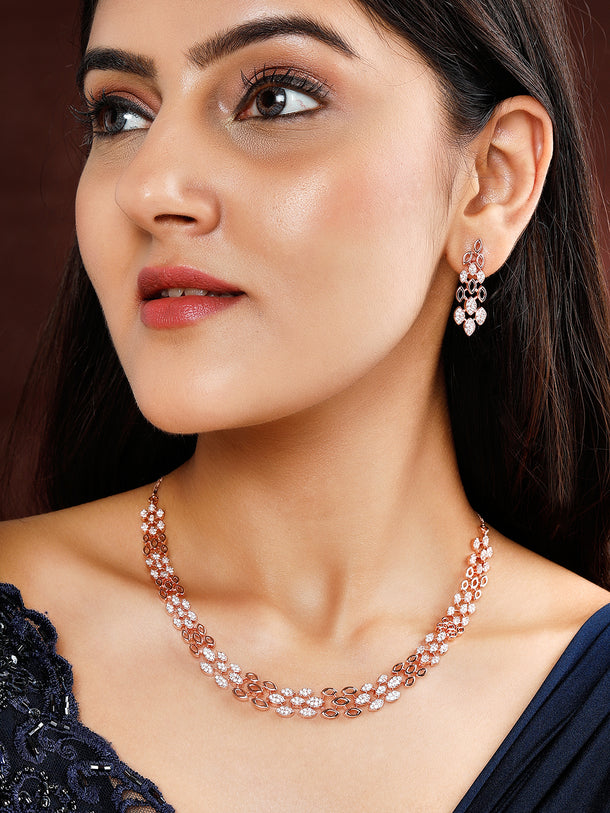 Rubans Rose Gold Plated Zirconia Stone Studded Handcrafted Necklace Set.