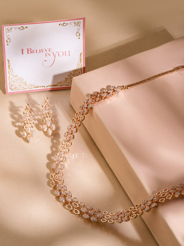 Rubans Rose Gold Plated Zirconia Stone Studded Handcrafted Necklace Set.