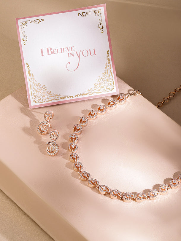 Rubans Rose Gold Plated Zirconia Stone Studded Handcrafted Necklace Set.