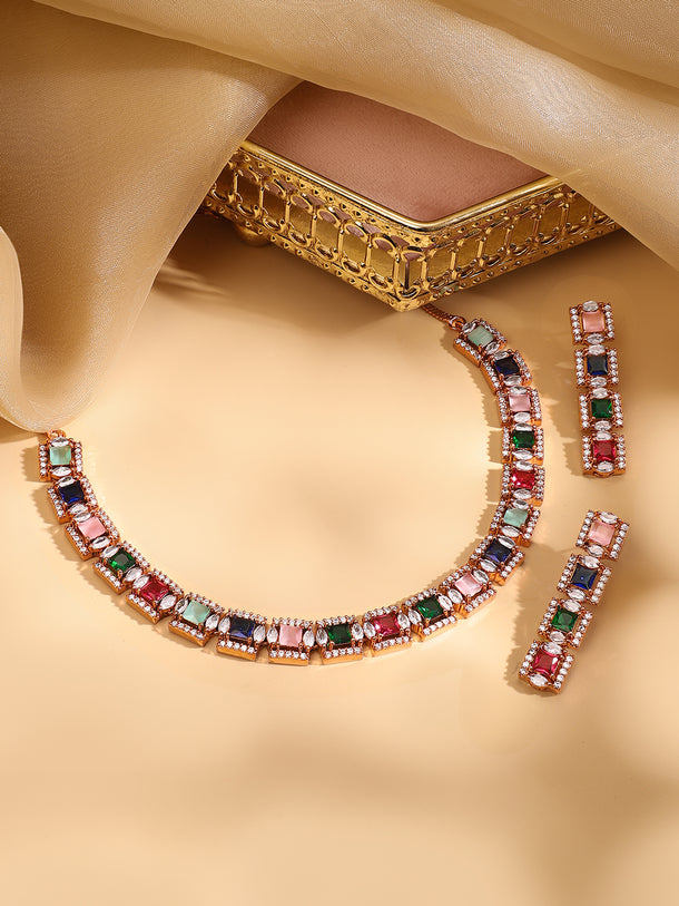 Rubans Rose Gold Plated Multicolour Zirconia Stone Studded Handcrafted Necklace Set.